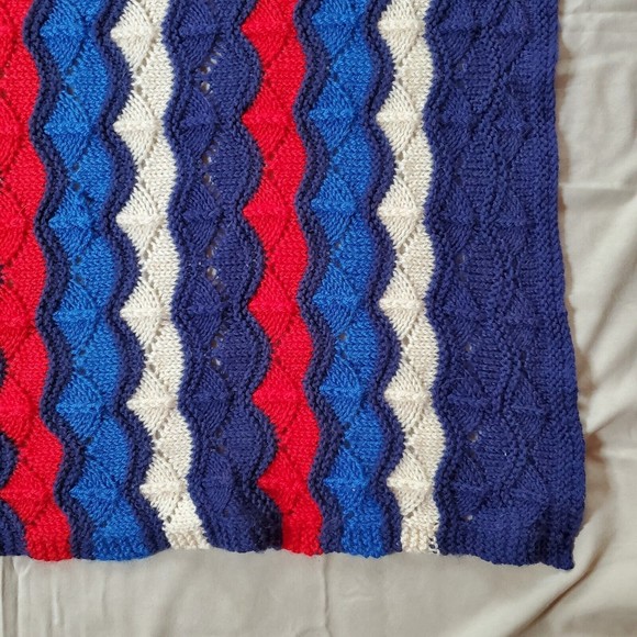 VINTAGE Blue Scalloped Handknit Afghan Crochet Blanket Throw HANDMADE Soft 36x40 - Picture 5 of 8